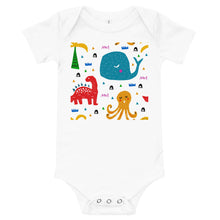 Load image into Gallery viewer, Light Soft Baby Bodysuit - A Whale, A Dinosaur &amp; an Octopus
