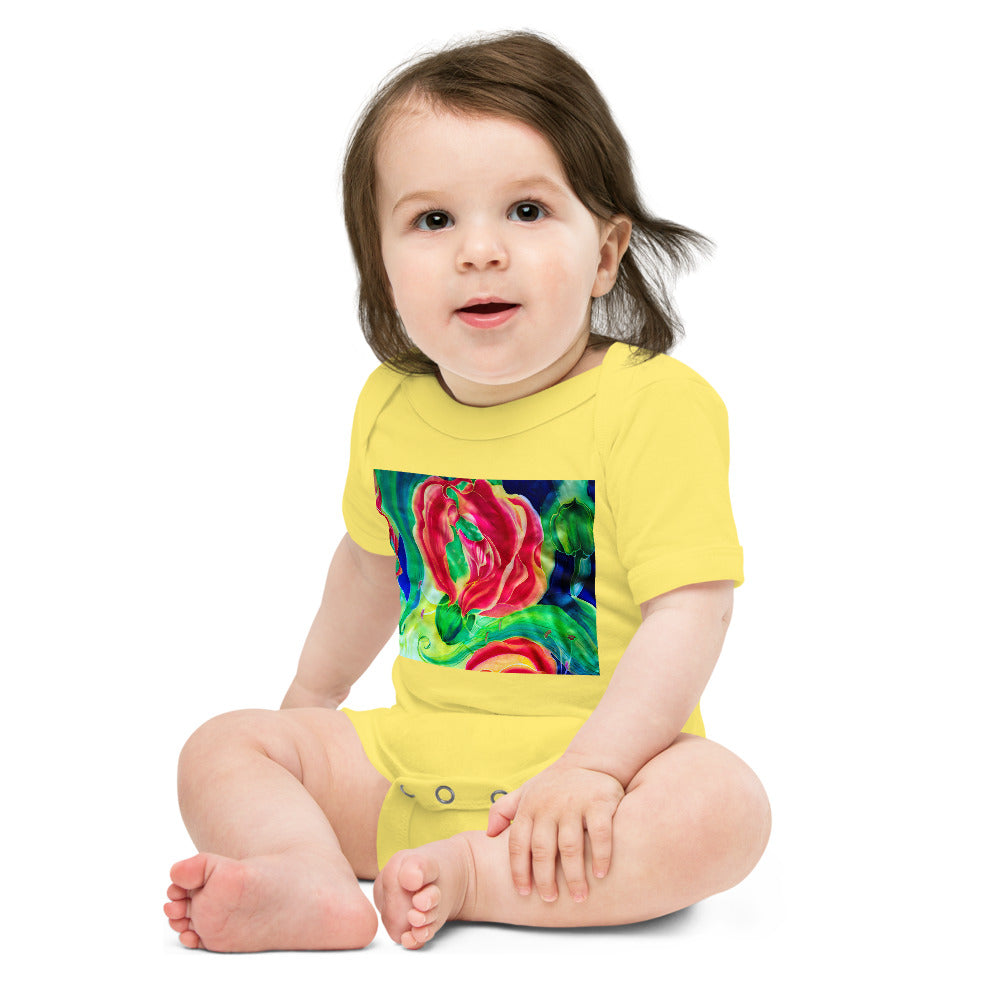 Light Soft Baby Bodysuit - Red Flower Watercolor with Yellow