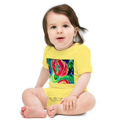 Light Soft Baby Bodysuit - Red Flower Watercolor with Yellow