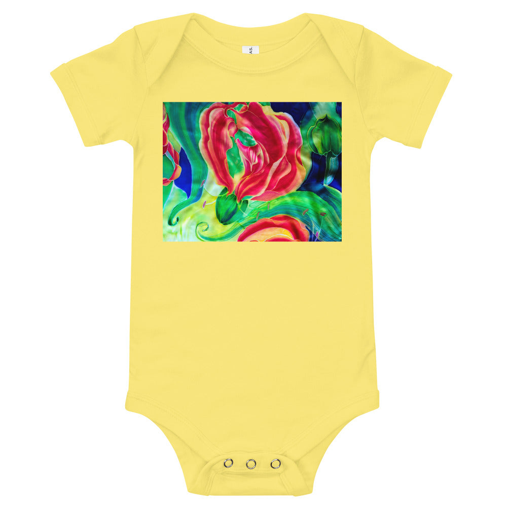 Light Soft Baby Bodysuit - Red Flower Watercolor with Yellow