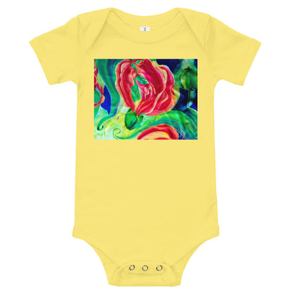Light Soft Baby Bodysuit - Red Flower Watercolor with Yellow