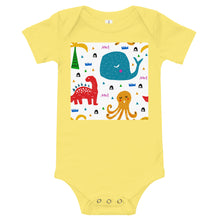Load image into Gallery viewer, Light Soft Baby Bodysuit - A Whale, A Dinosaur &amp; an Octopus
