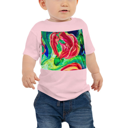 Baby Jersey Tee - Red Flower Watercolor with Yellow