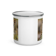 Load image into Gallery viewer, Happy Camper Silver Rim Enamelware Mug - Green Eyed Leopard
