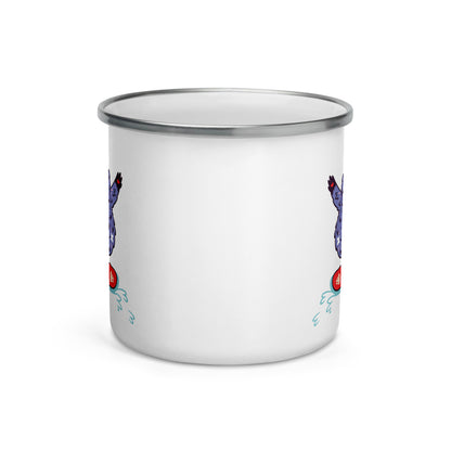 Happy Camper Silver Rim Enamelware Mug - Yeti Shredding It!