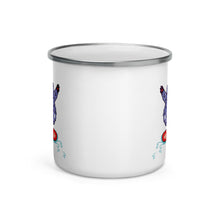 Load image into Gallery viewer, Happy Camper Silver Rim Enamelware Mug - Yeti Shredding It!
