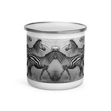 Load image into Gallery viewer, Happy Camper Silver Rim Enamelware Mug - Zebra Dust
