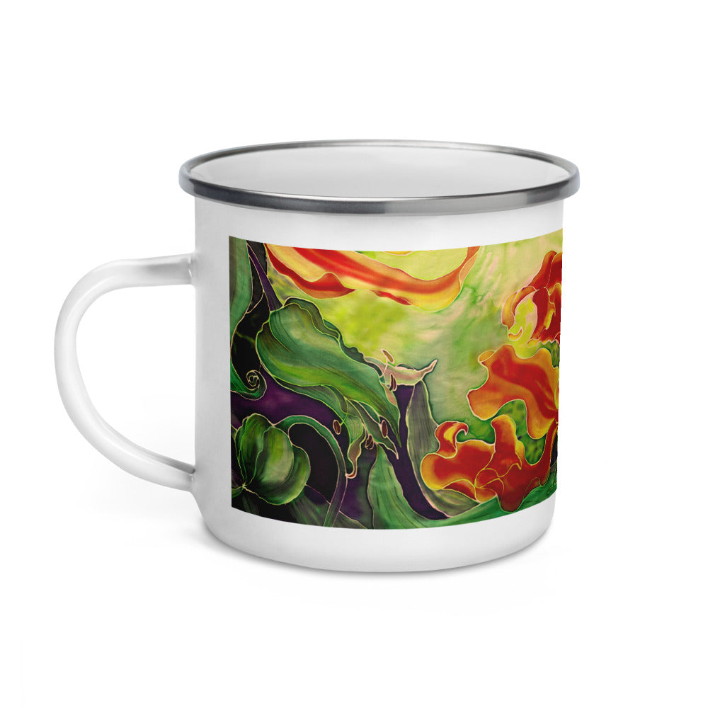 Happy Camper Silver Rim Enamelware Mug - Red Flower Watercolor
