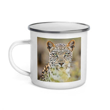 Load image into Gallery viewer, Happy Camper Silver Rim Enamelware Mug - Green Eyed Leopard

