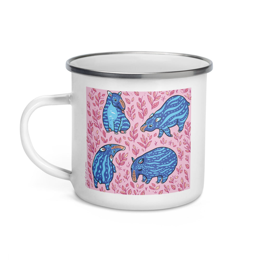 Happy Camper Silver Rim Enamelware Mug - Funny Blue Tapirs