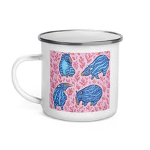 Load image into Gallery viewer, Happy Camper Silver Rim Enamelware Mug - Funny Blue Tapirs
