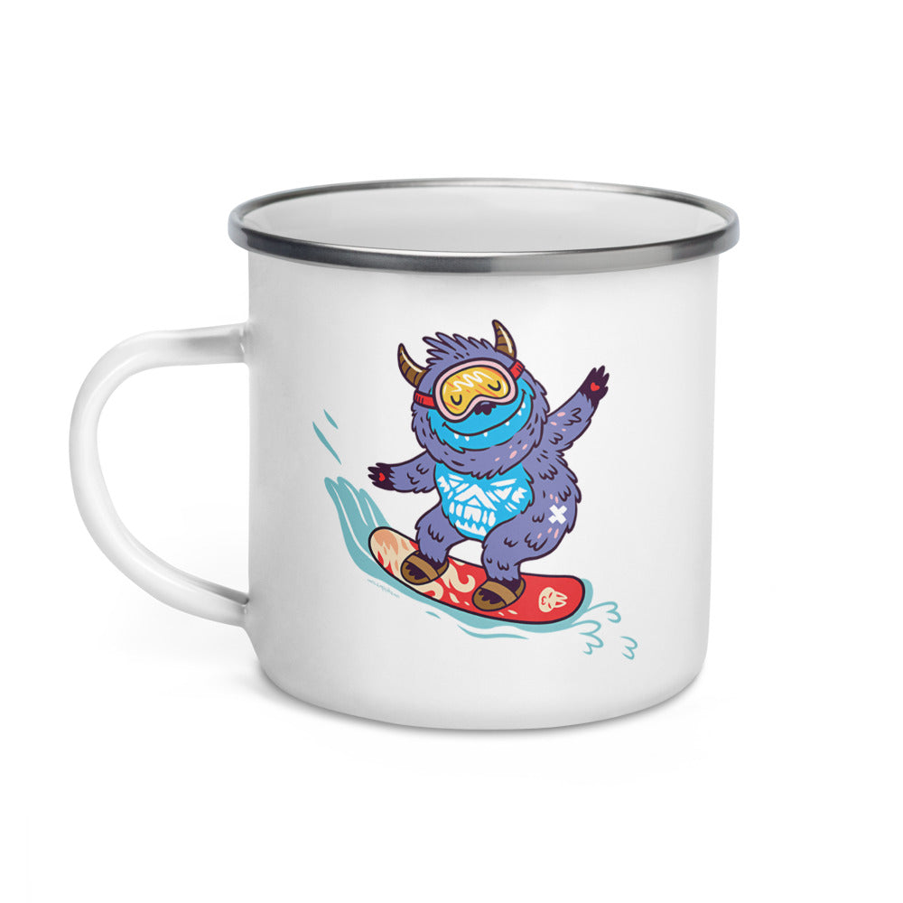 Happy Camper Silver Rim Enamelware Mug - Yeti Shredding It!