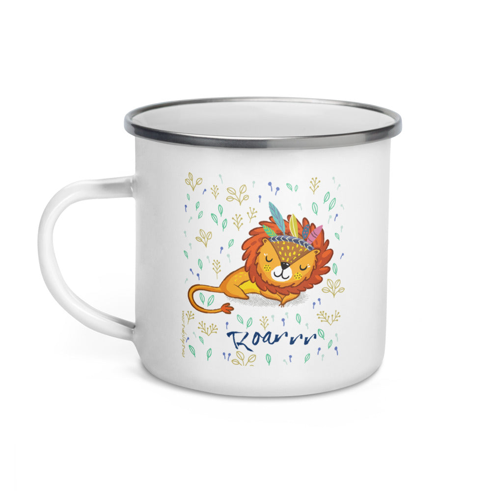Happy Camper Silver Rim Enamelware Mug - Roarrrr