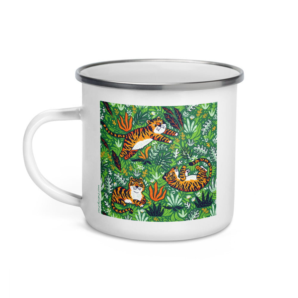 Happy Camper Silver Rim Enamelware Mug - Very Silly Tigers
