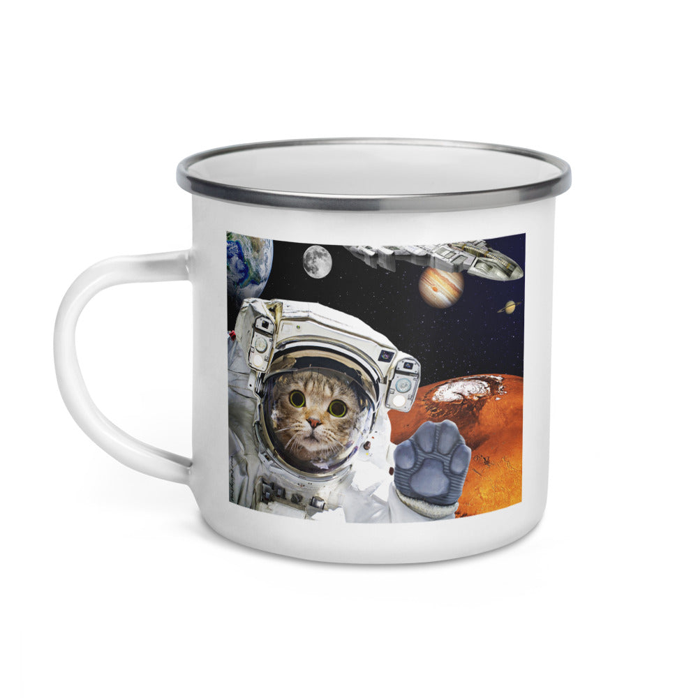 Happy Camper Silver Rim Enamelware Mug - Space Kitty