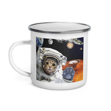 Load image into Gallery viewer, Happy Camper Silver Rim Enamelware Mug - Space Kitty
