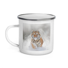 Load image into Gallery viewer, Happy Camper Silver Rim Enamelware Mug - Snow Tiger

