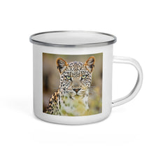 Load image into Gallery viewer, Happy Camper Silver Rim Enamelware Mug - Green Eyed Leopard
