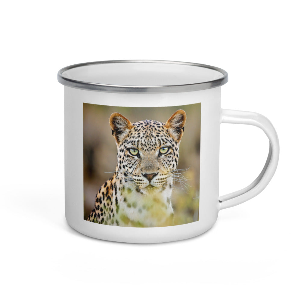 Happy Camper Silver Rim Enamelware Mug - Green Eyed Leopard