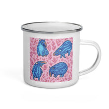 Load image into Gallery viewer, Happy Camper Silver Rim Enamelware Mug - Funny Blue Tapirs
