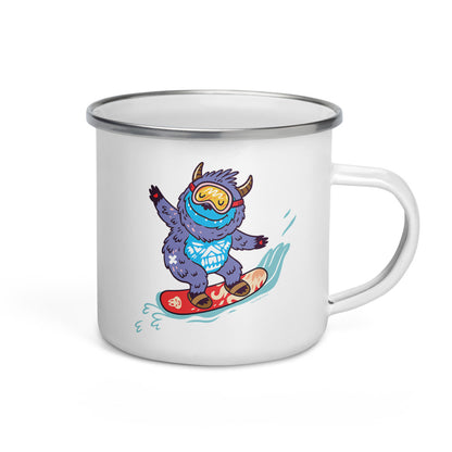 Happy Camper Silver Rim Enamelware Mug - Yeti Shredding It!