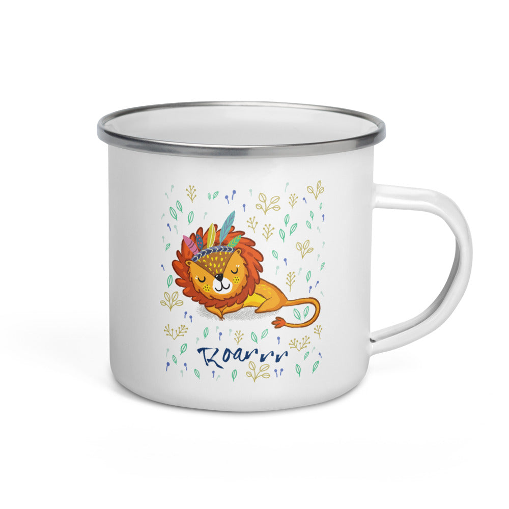 Happy Camper Silver Rim Enamelware Mug - Roarrrr