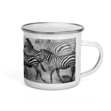 Load image into Gallery viewer, Happy Camper Silver Rim Enamelware Mug - Zebra Dust
