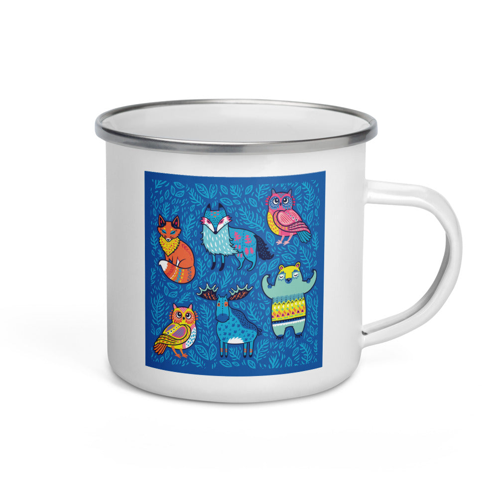 Happy Camper Silver Rim Enamelware Mug - Blue Moose & Friends