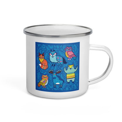 Happy Camper Silver Rim Enamelware Mug - Blue Moose & Friends