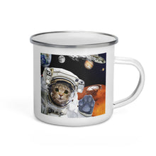 Load image into Gallery viewer, Happy Camper Silver Rim Enamelware Mug - Space Kitty

