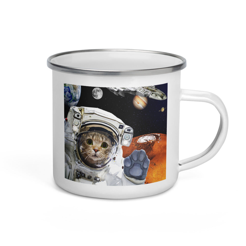 Happy Camper Silver Rim Enamelware Mug - Space Kitty