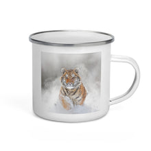 Load image into Gallery viewer, Happy Camper Silver Rim Enamelware Mug - Snow Tiger
