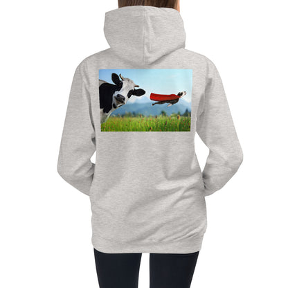 Premium Hoodie - BACK Print: Cow & Super Dog