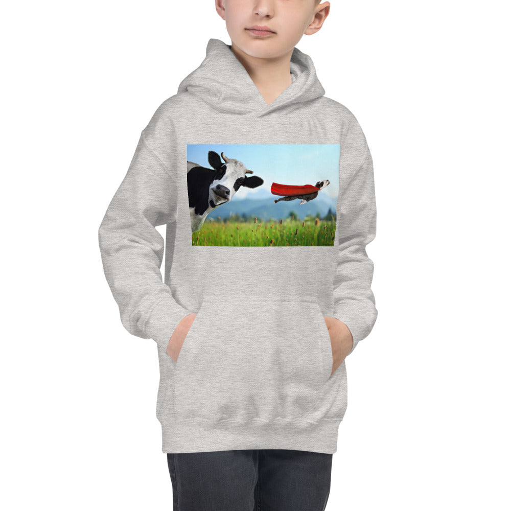 Premium Hoodie - FRONT Print: Cow & Super Dog