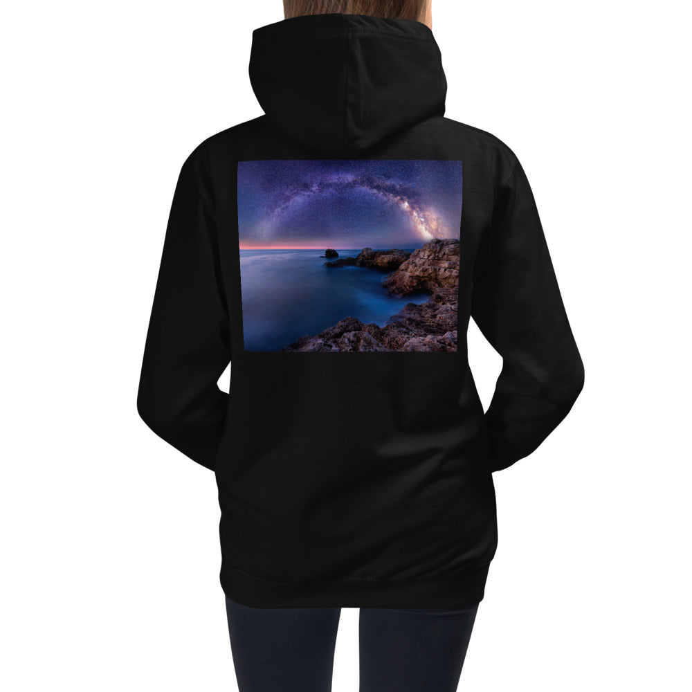 Premium Hoodie - BACK Print: The Milky Way Over a Rocky Bay