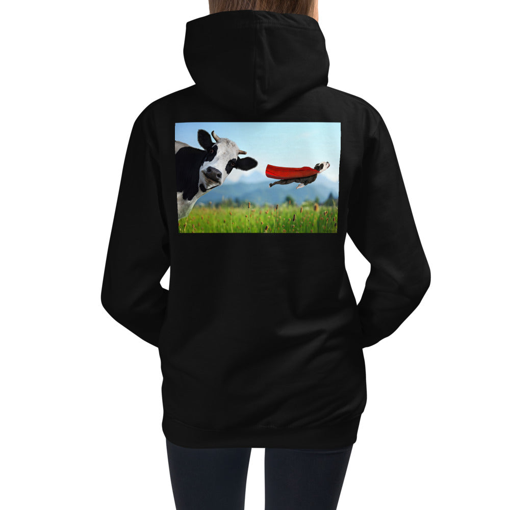 Premium Hoodie - BACK Print: Cow & Super Dog