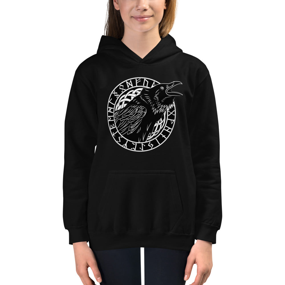 Premium Hoodie - FRONT Print: Cawing Crow in Runic Circle
