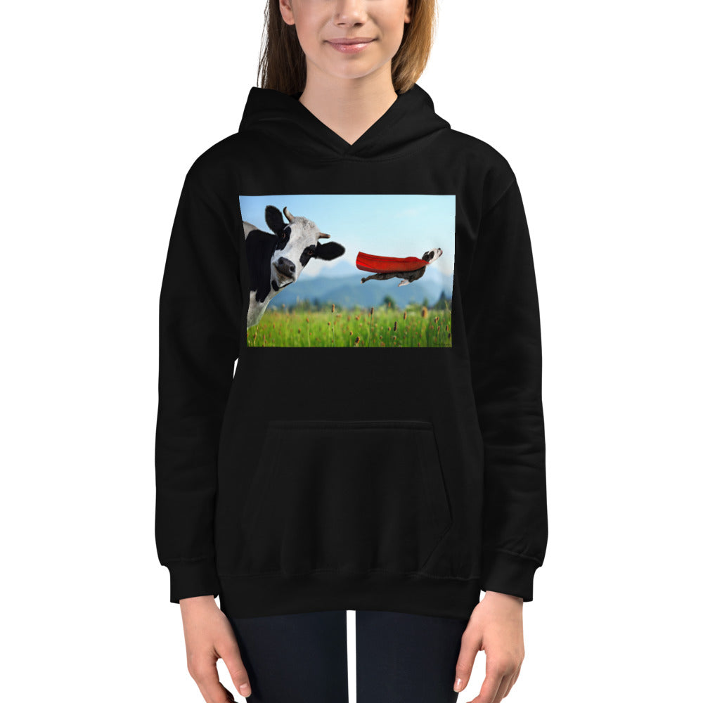 Premium Hoodie - FRONT Print: Cow & Super Dog