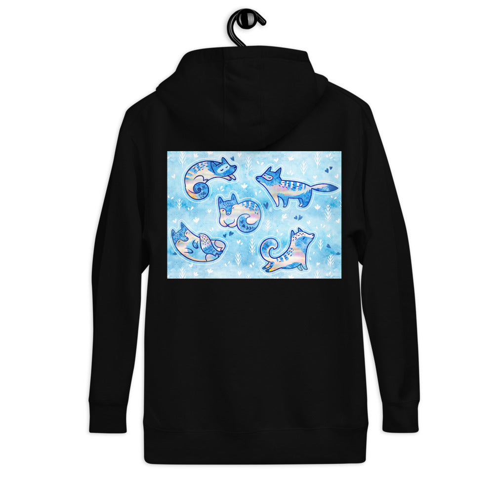 Premium Pullover Hoodie - Print on the BACK - Foxes in Blue