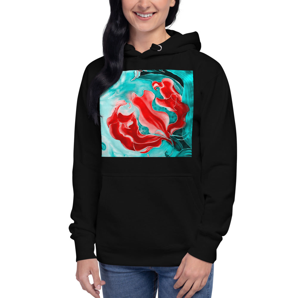 Premium Pullover Hoodie - Red Flower with Pale Blue Green - Ronz-Design-Unique-Apparel