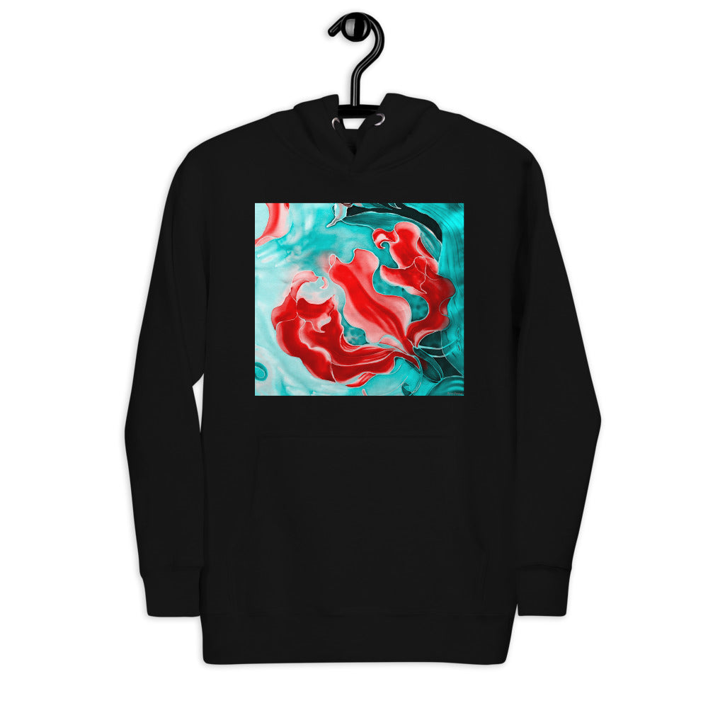 Premium Pullover Hoodie - Red Flower with Pale Blue Green - Ronz-Design-Unique-Apparel