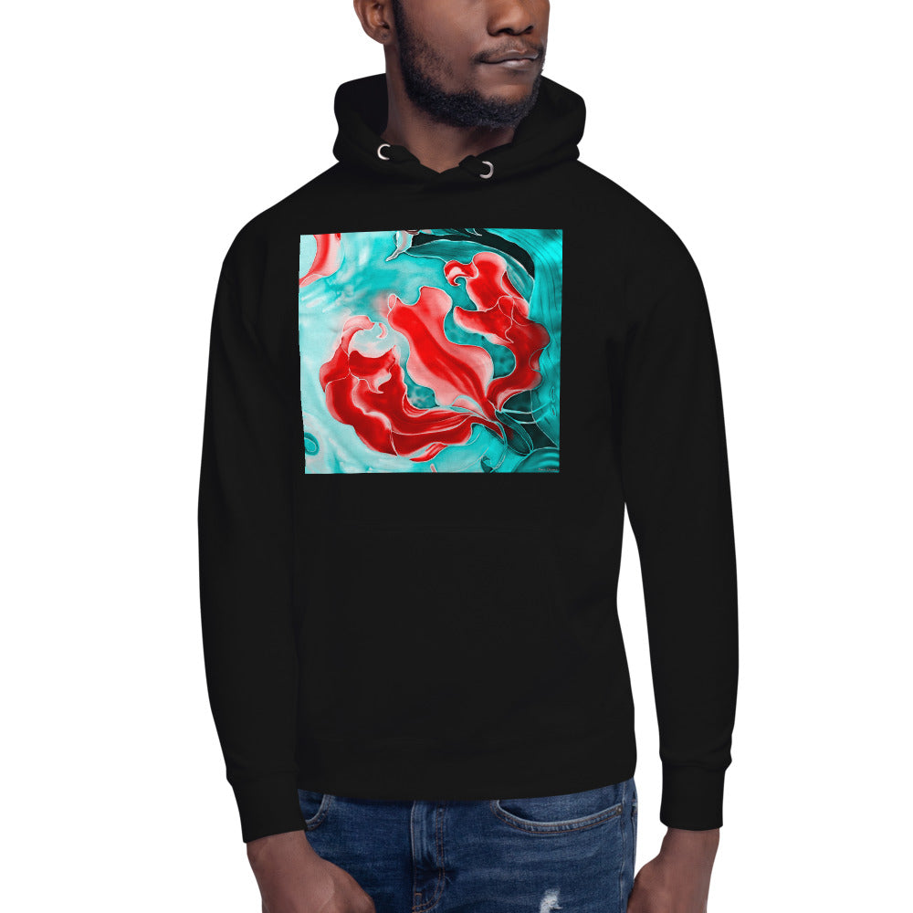 Premium Pullover Hoodie - Red Flower with Pale Blue Green - Ronz-Design-Unique-Apparel