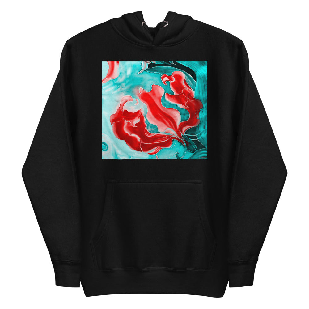 Premium Pullover Hoodie - Red Flower with Pale Blue Green - Ronz-Design-Unique-Apparel