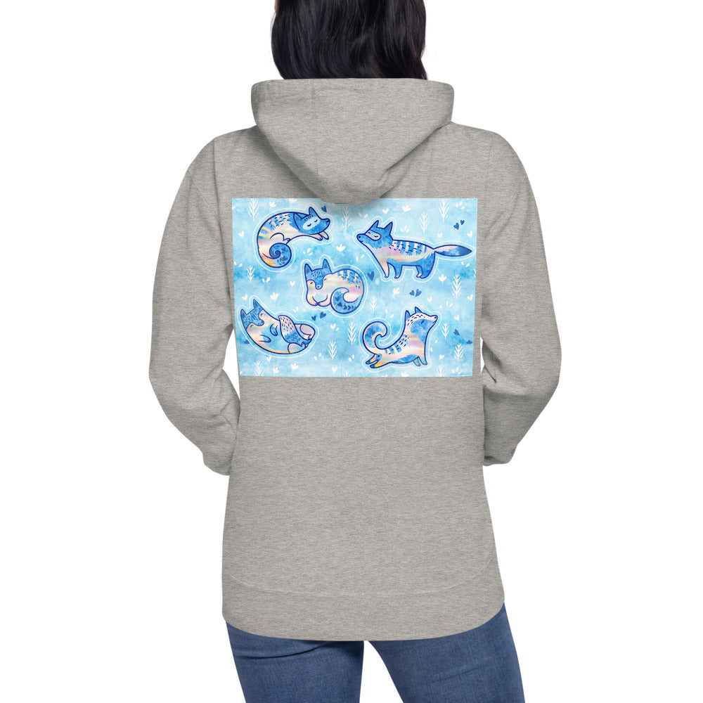 Premium Pullover Hoodie - Print on the BACK - Foxes in Blue
