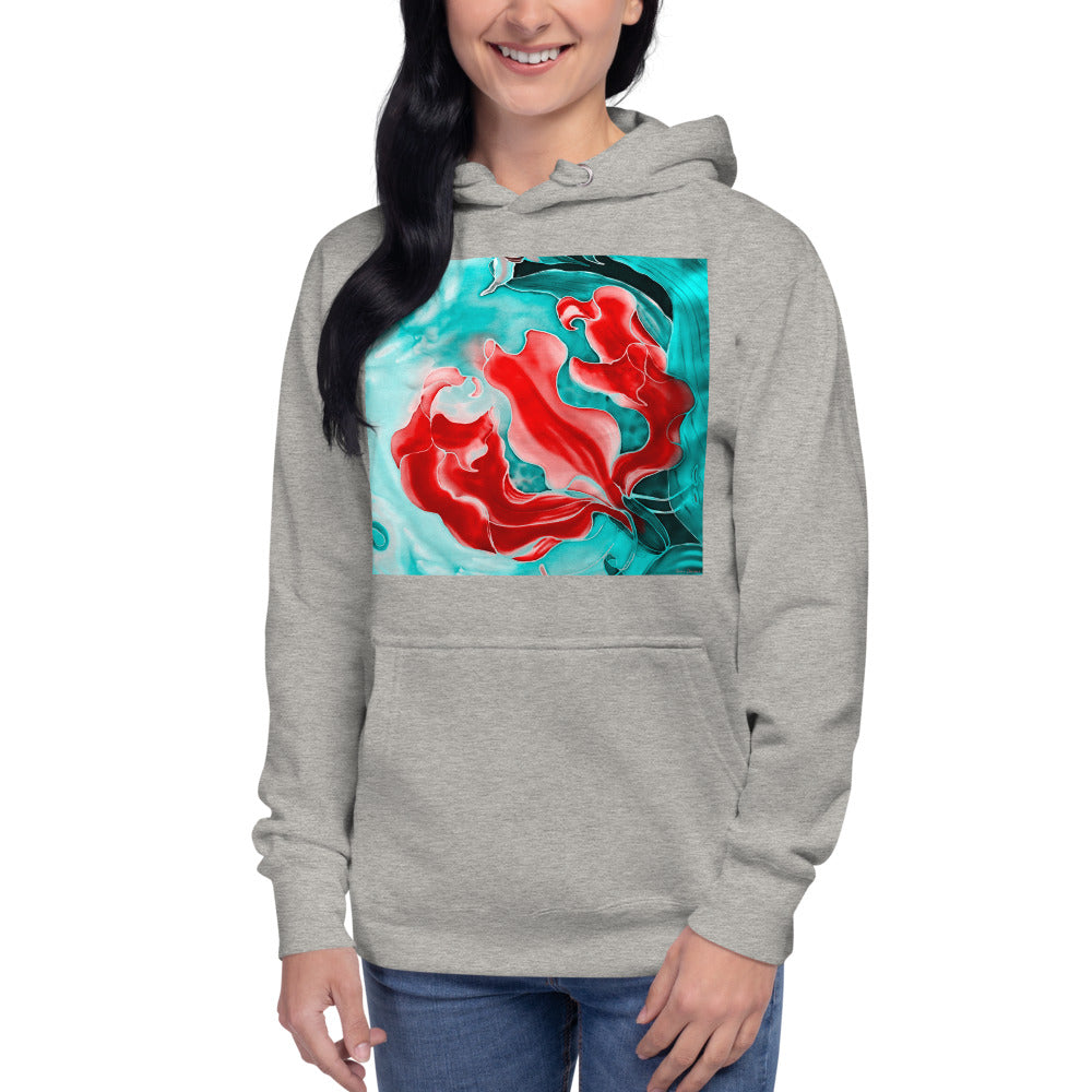 Premium Pullover Hoodie - Red Flower with Pale Blue Green - Ronz-Design-Unique-Apparel