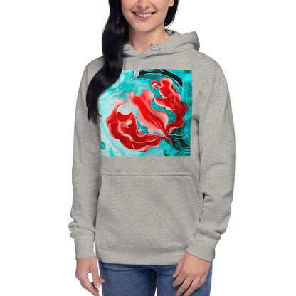 Premium Pullover Hoodie - Red Flower with Pale Blue Green - Ronz-Design-Unique-Apparel