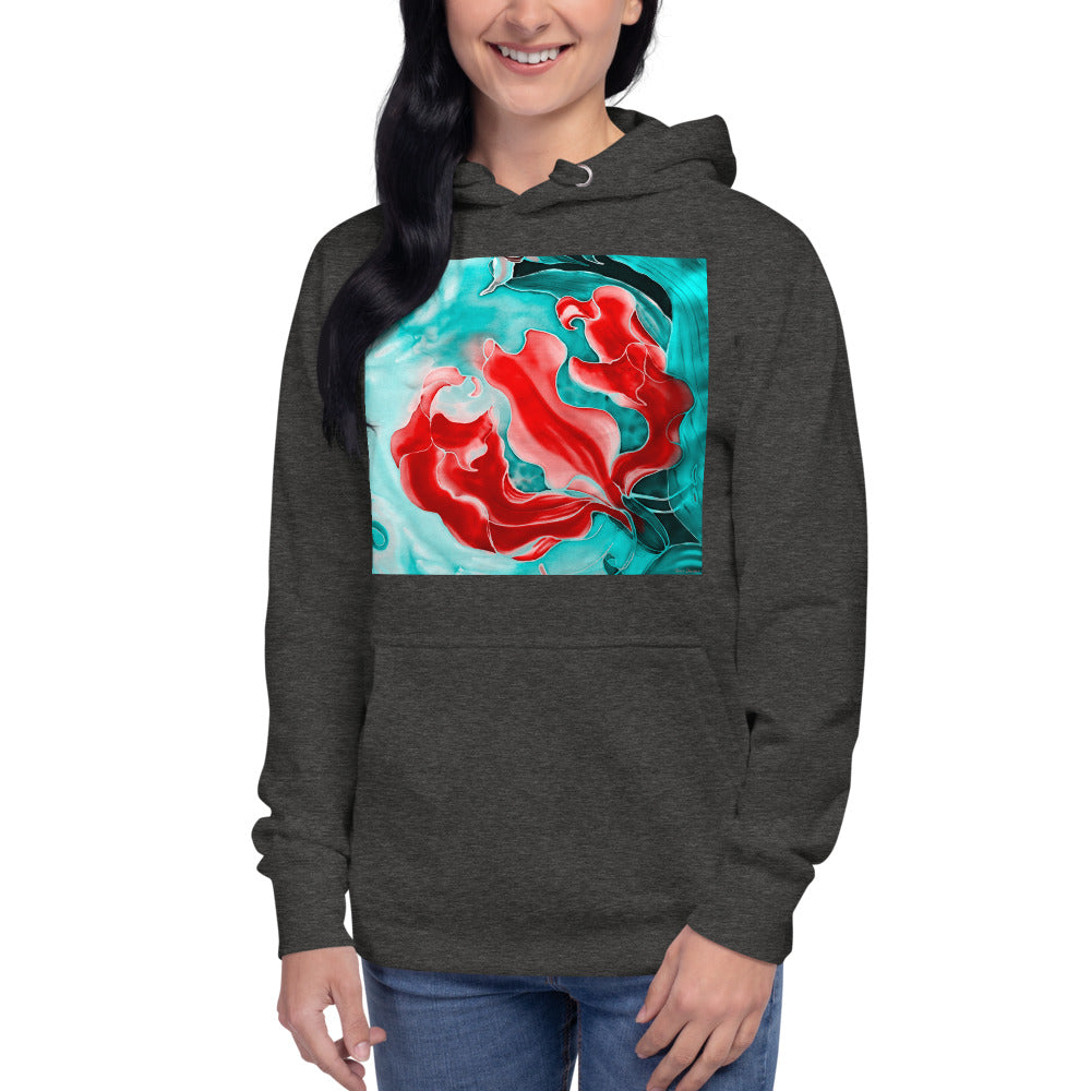 Premium Pullover Hoodie - Red Flower with Pale Blue Green - Ronz-Design-Unique-Apparel