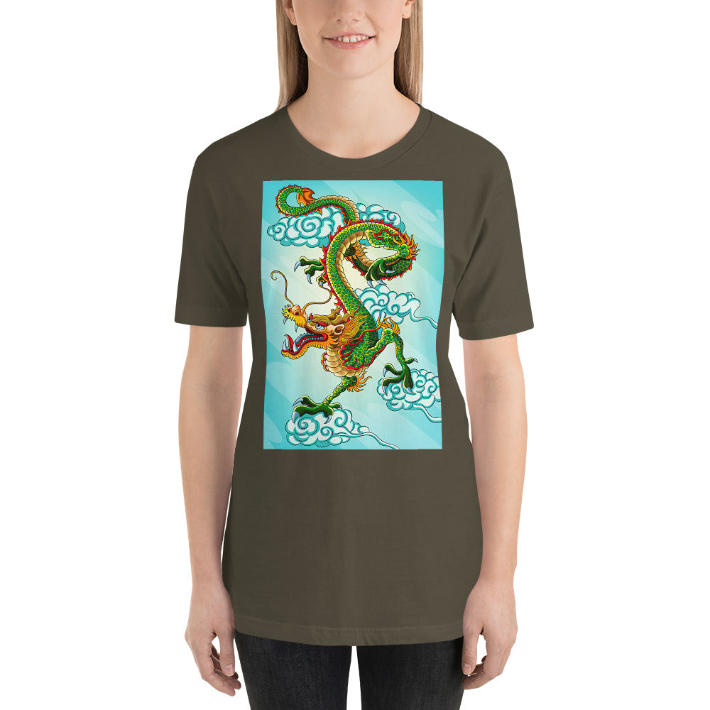 Classic Crew Neck Tee - Green Chinese Sky Dragon on Blue