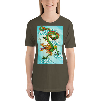 Classic Crew Neck Tee - Green Chinese Sky Dragon on Blue