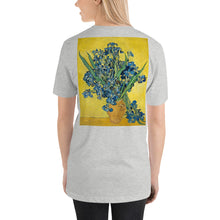 Load image into Gallery viewer, Short-Sleeve Unisex T-Shirt - van Gogh: Self Portrait &amp; Vase with Irises with Yellow Background - Ronz-Design-Unique-Apparel
